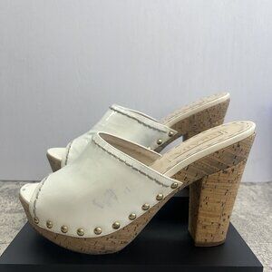 🛑SOLD🛑  Prada Patent Leather Gold Metal Rivet Cork Platform Heel  Size 6.5